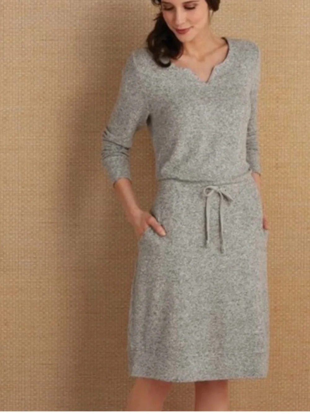 Soft Surroundings Gray Long Sleeve Drawstring Waist Knit Dress